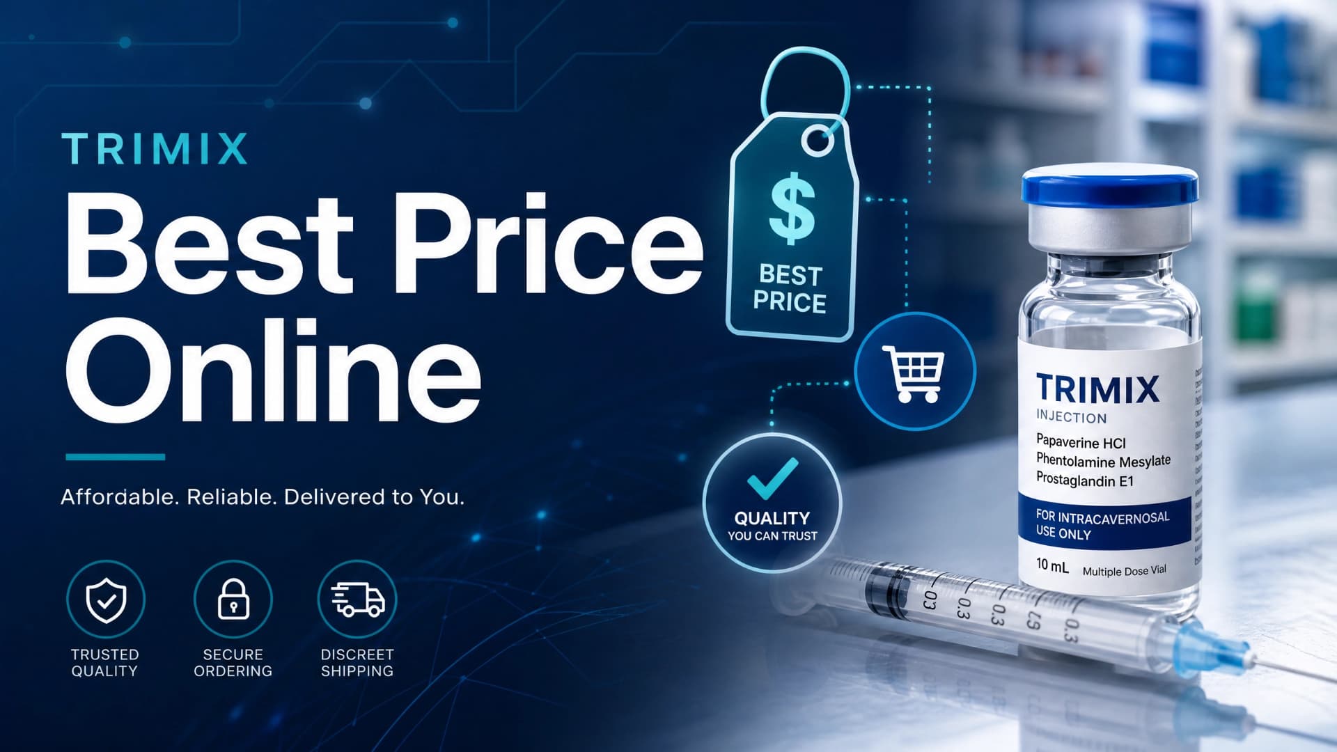 Trimix injection vial and syringe with the headline Trimix Best Price Online — affordable, reliable, delivered to you.