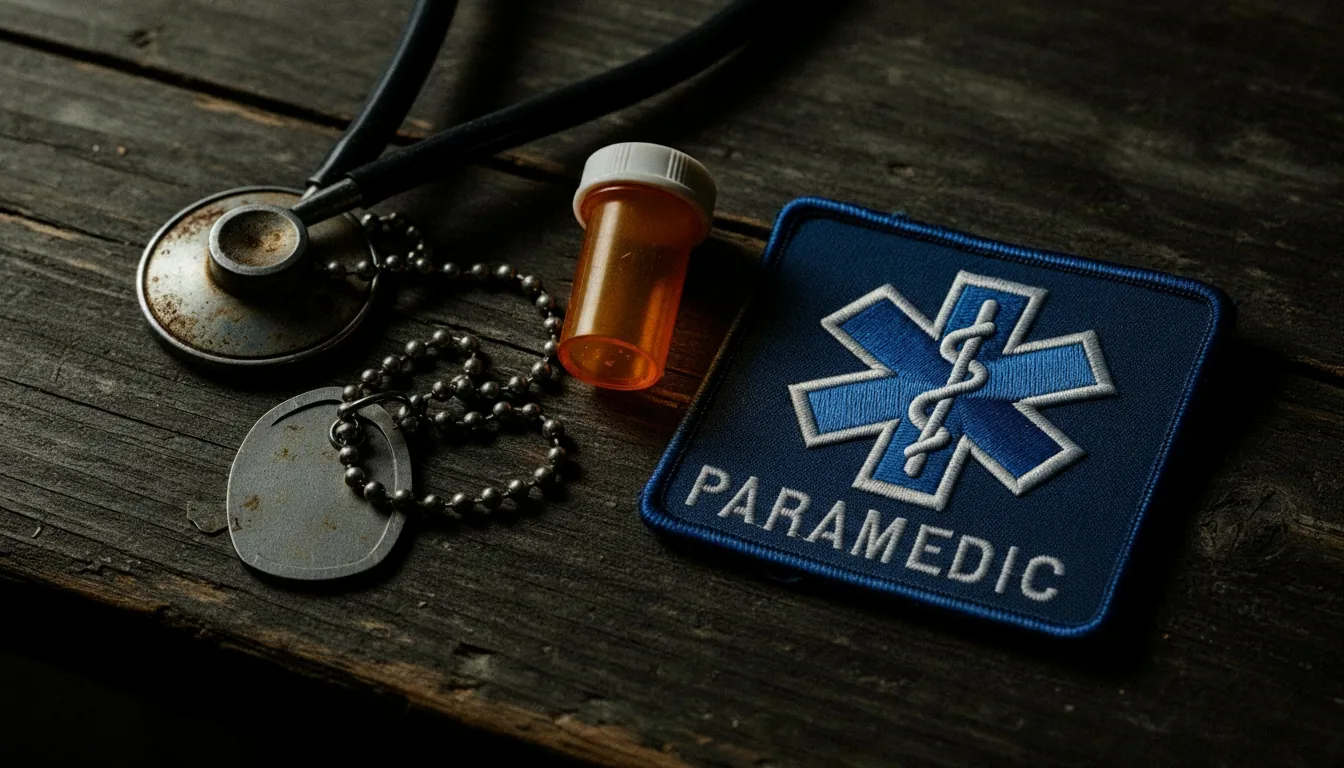Stethoscope, dog tags, prescription vial, and paramedic patch on weathered wood