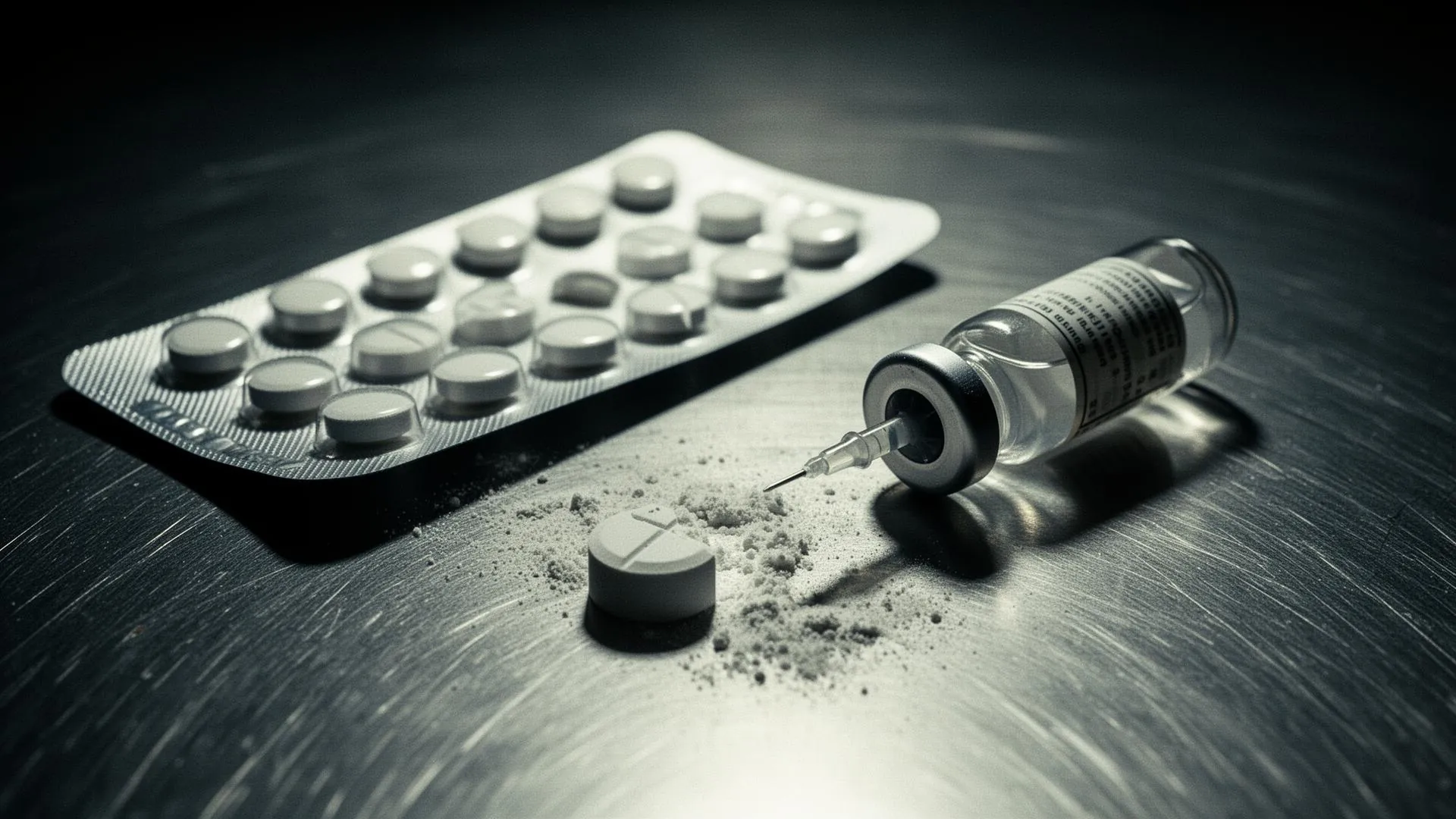Counterfeit pills and an unlabeled vial on stainless steel